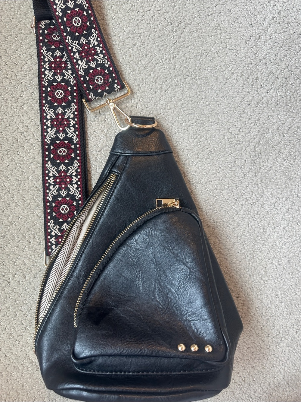 Black Leather Crossbody Sling Bag with Decorative Strap